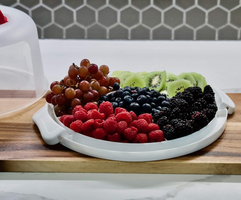 Highball  Chaser Top Shelf Elements Round Cake Carrier Two Sided Cake Holder Serves as Five Section Serving Tray, Portable Cake Stand Fits 10 inch Cake, Cake Box Comes With Handle, Cake Container Holds Pies (White) - Image 5